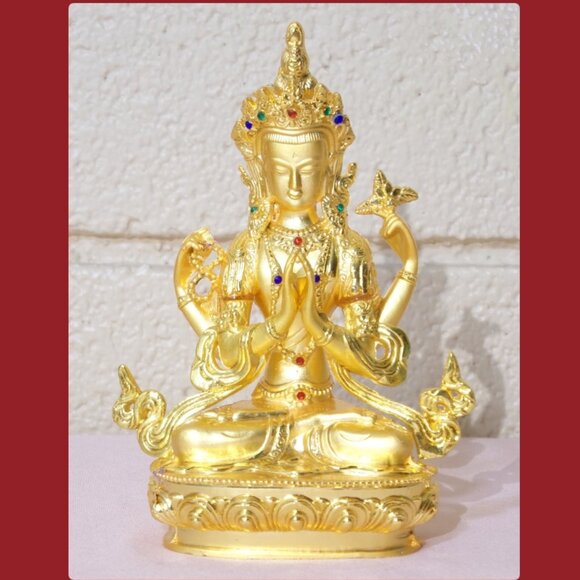AVALOKITESVARA BUDDHA BEJEWELED GOLD ALLOY PLATED 6 IN STATUE-4 Arms-Bodhisattva - Picture 3 of 16
